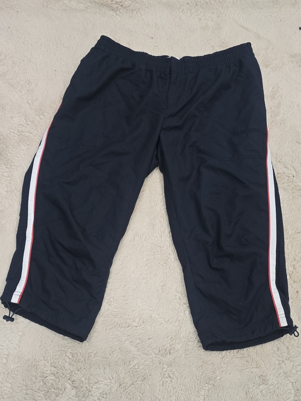 Women’s Navy Track Capri Joggers with White & Red Side Stripes